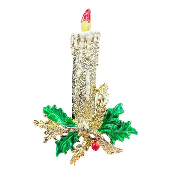 Vintage Gold Tone Candle Holly Christmas Brooch Holiday Jewelry Accessory - Picture 1 of 9